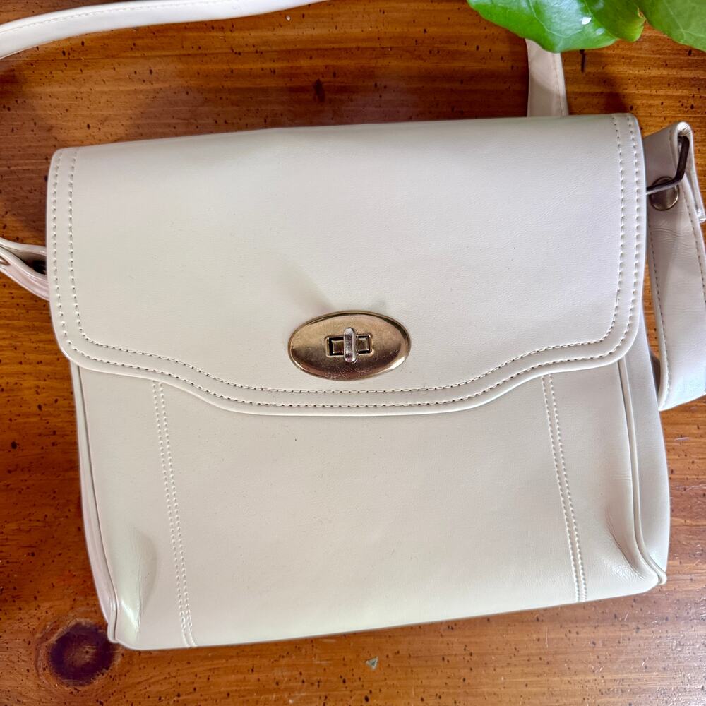 Vintage Ivory Crossbody Bag Cream Faux Leather Purse Minimalist Handbag